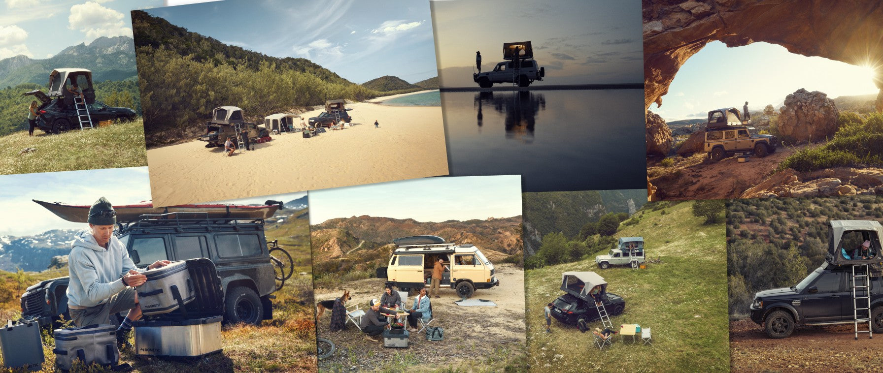 a collage of Dometic outdoor living lifestyle photography featuring a 'WIN' badge overlayed
