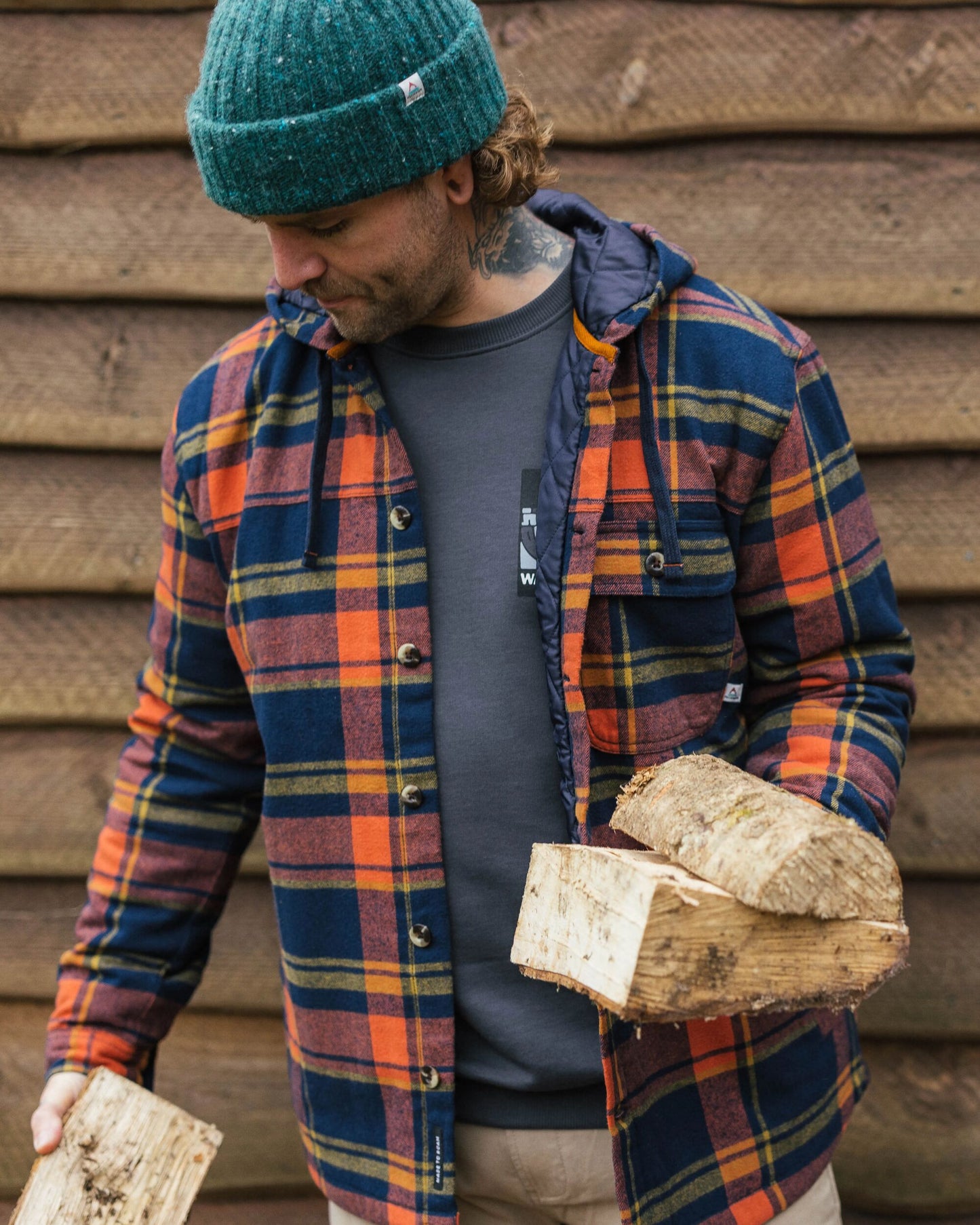 Sherwood Check Hooded Overshirt - Rich Navy/Burnt Orange