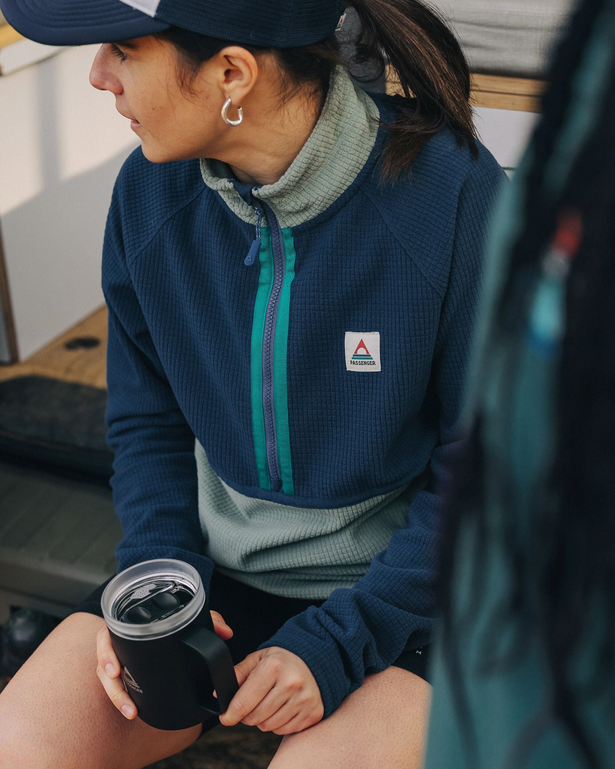 Off Trail Recycled Grid Polar Fleece - Pistachio/Dark Denim - Lifestyle