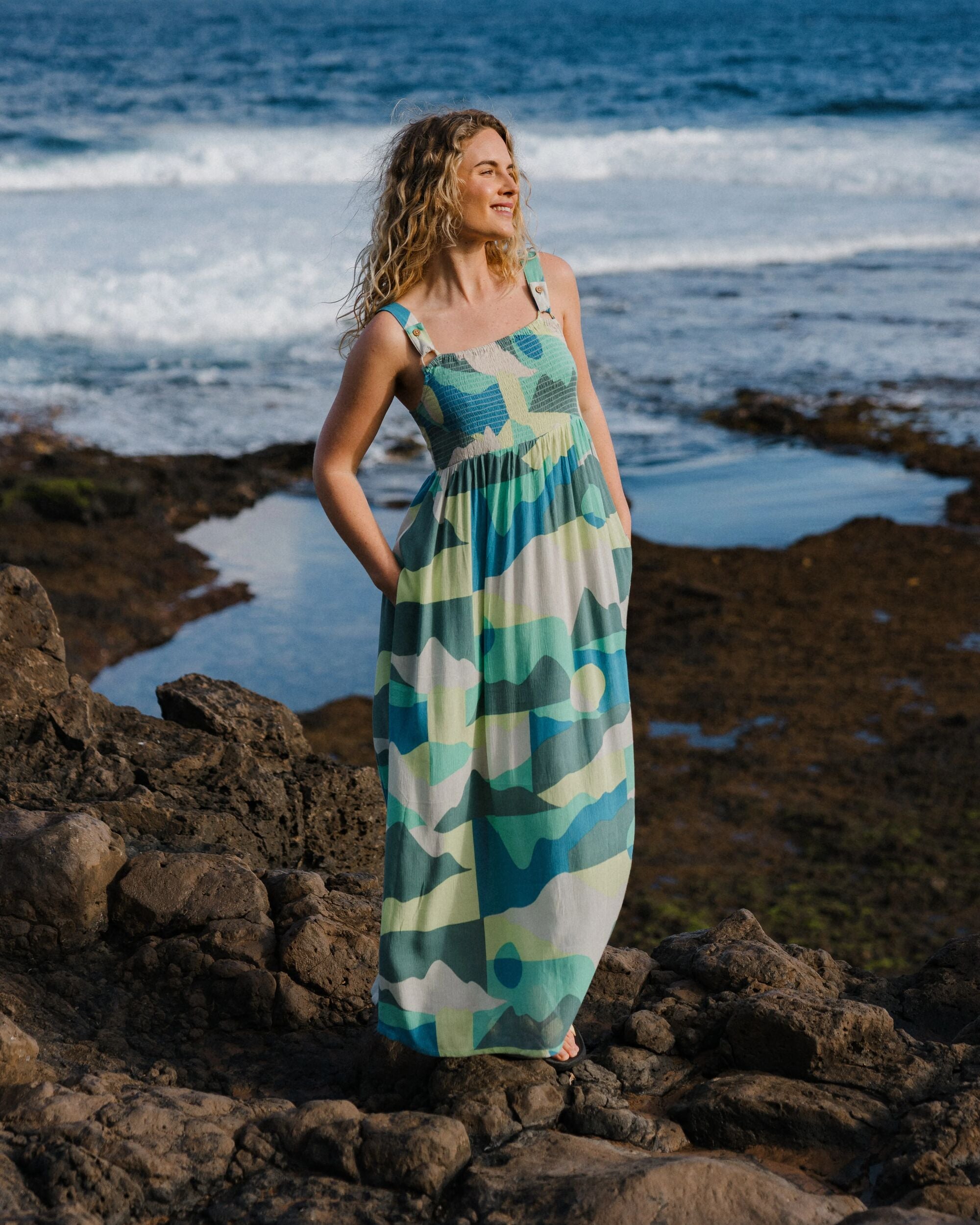 Soleis Woven Maxi Dress - Vista Patchwork Aqua - Lifestyle