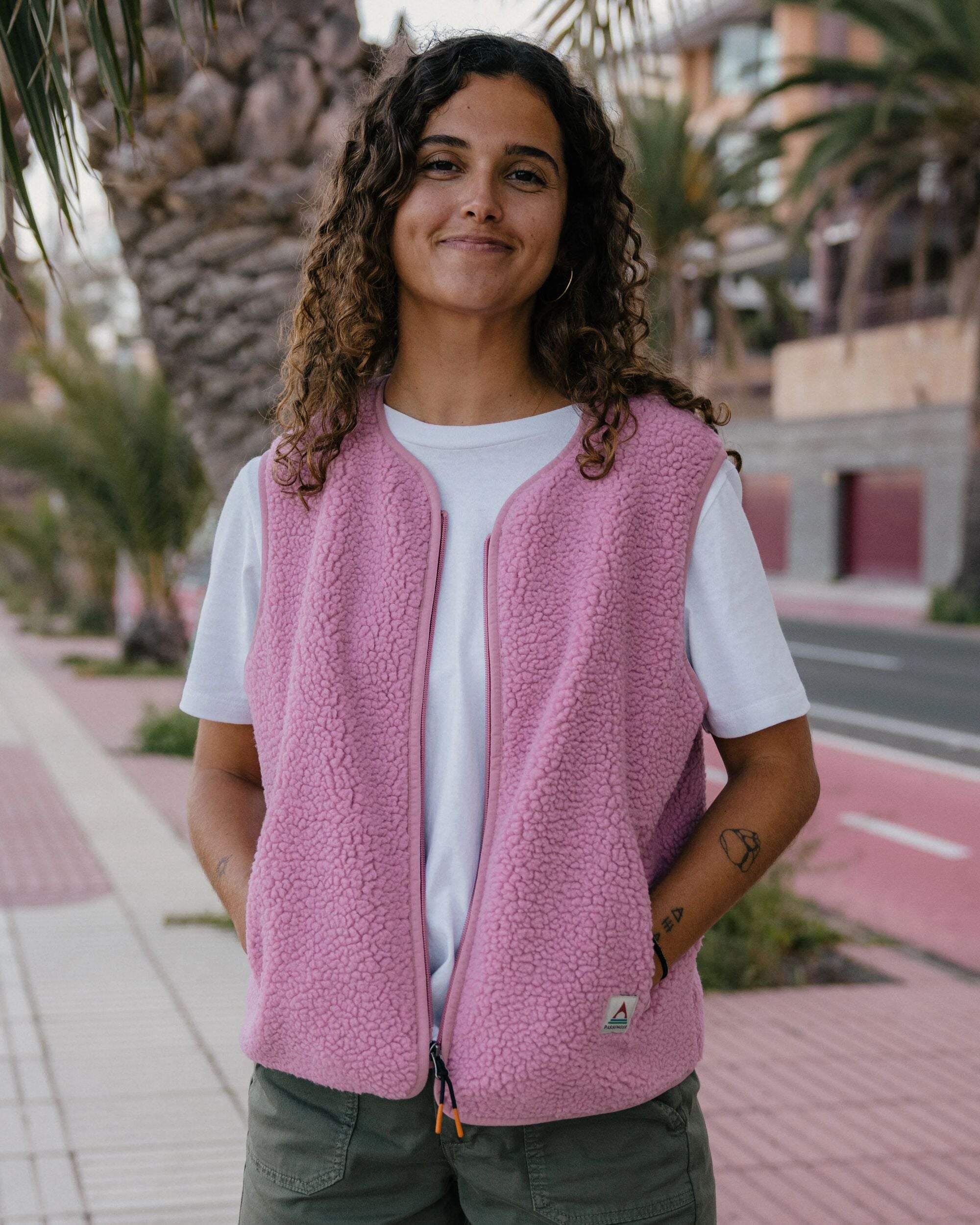 Tawny Collarless Deep-Pile Sherpa Gilet - Pink Haze - Lifestyle