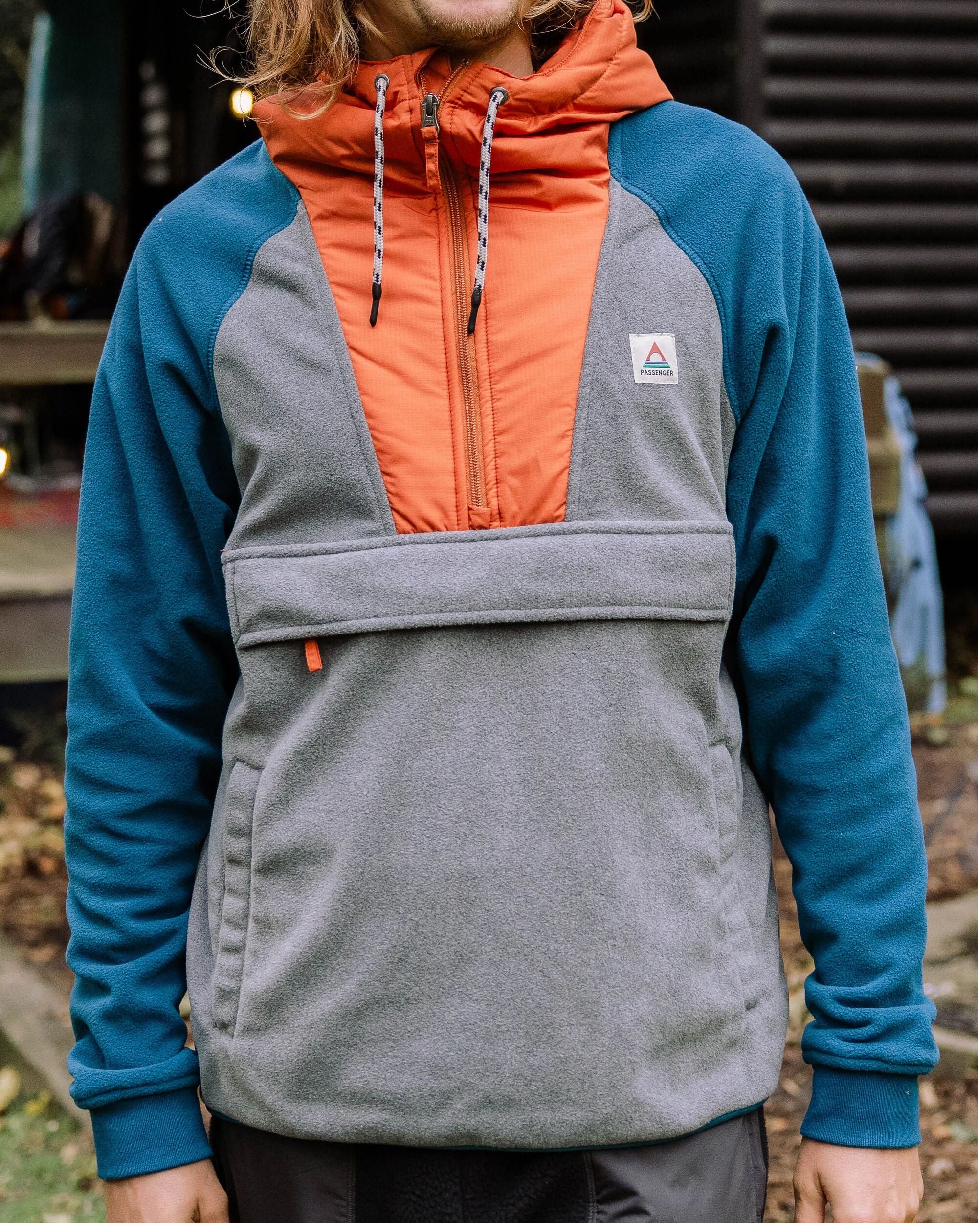 Woodland Hooded 1/2 Zip Recycled Polar Fleece - Grey Marl/ Tidal Blue - Lifestyle