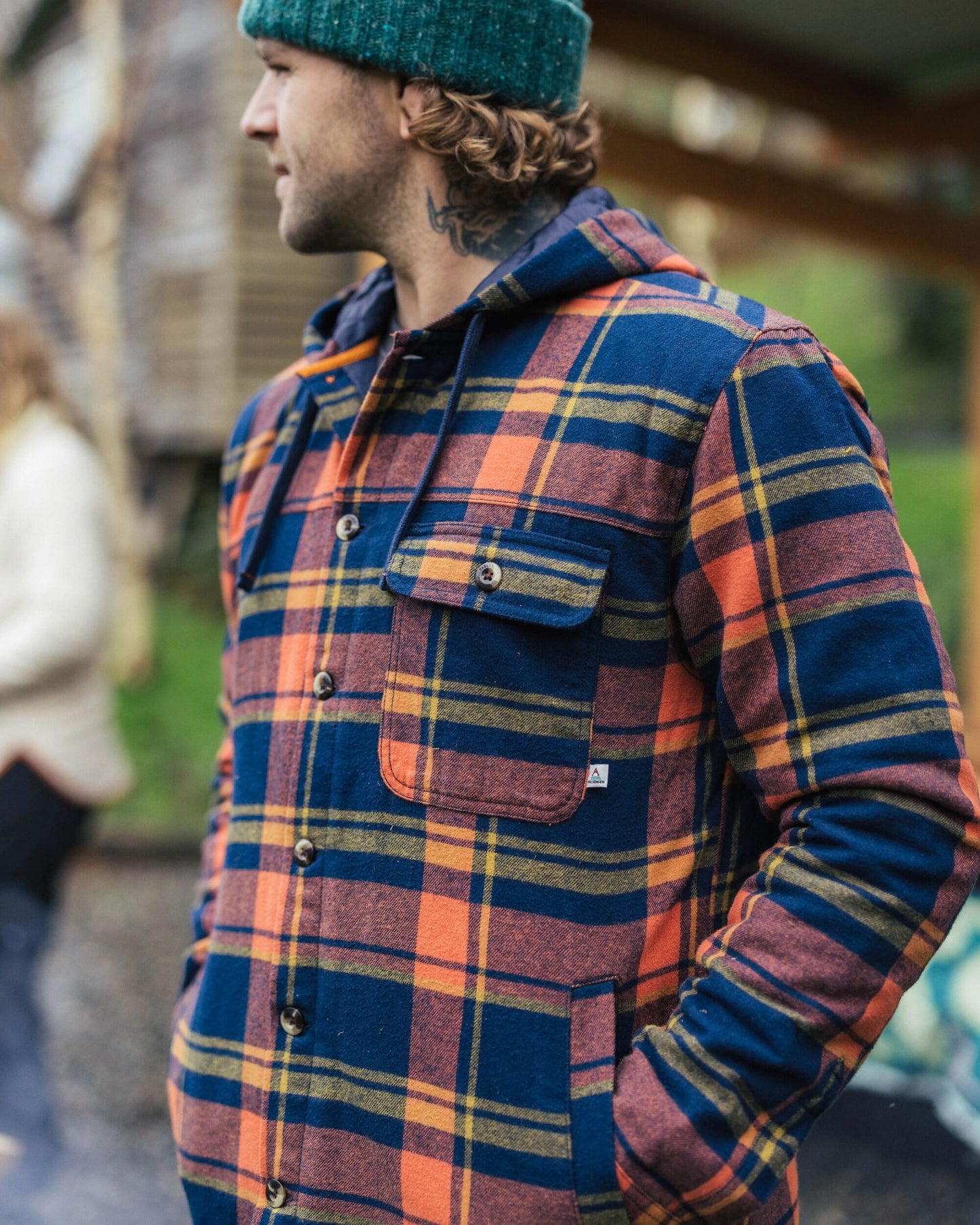 Sherwood Check Hooded Overshirt - Rich Navy/Burnt Orange