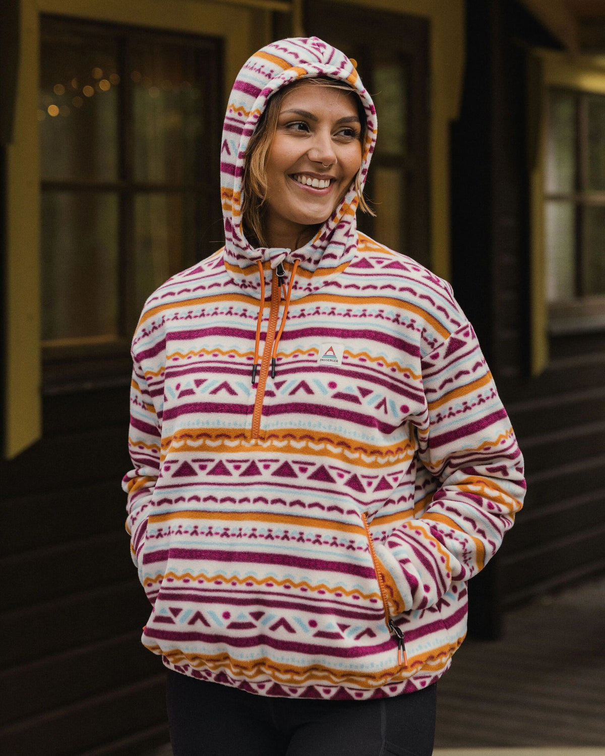 Ayla Micro Polartec® Hooded Fleece - Geo Tracks Birch - Lifestyle