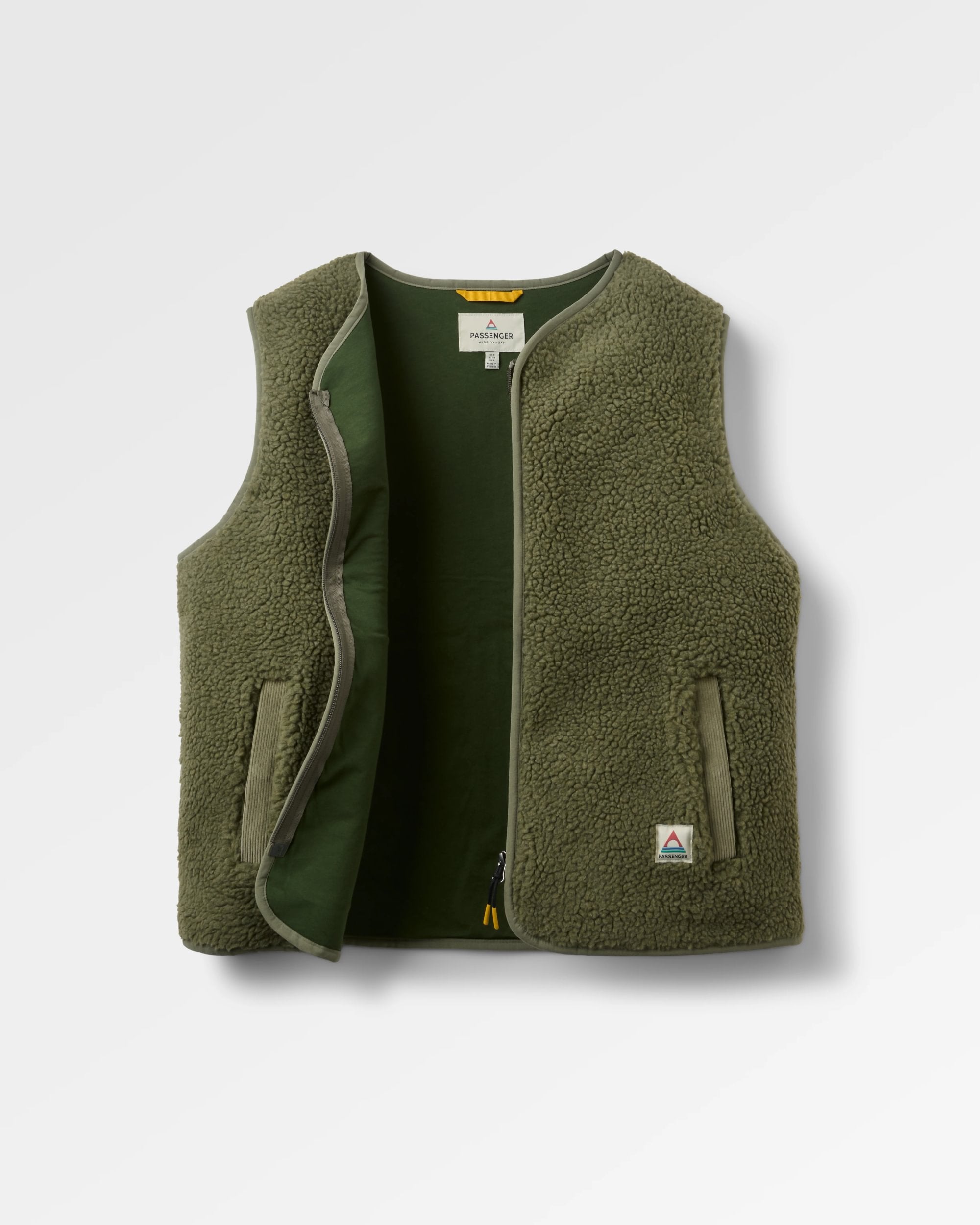Tawny Collarless Deep Pile Sherpa Gilet - Dusty Olive - Flatlay
