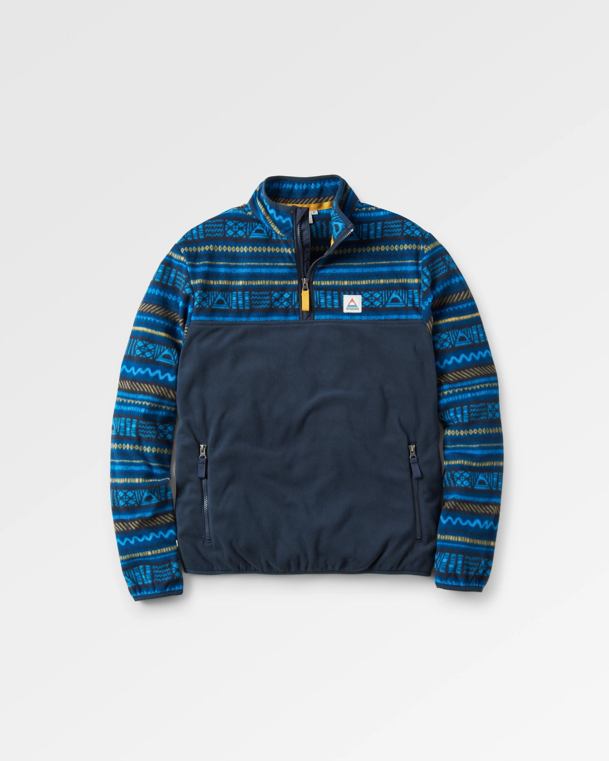 Set Off Recycled Polar 1/4 Zip Fleece - Patchwork Stripe Tidal Blue/ Deep Navy - Flatlay