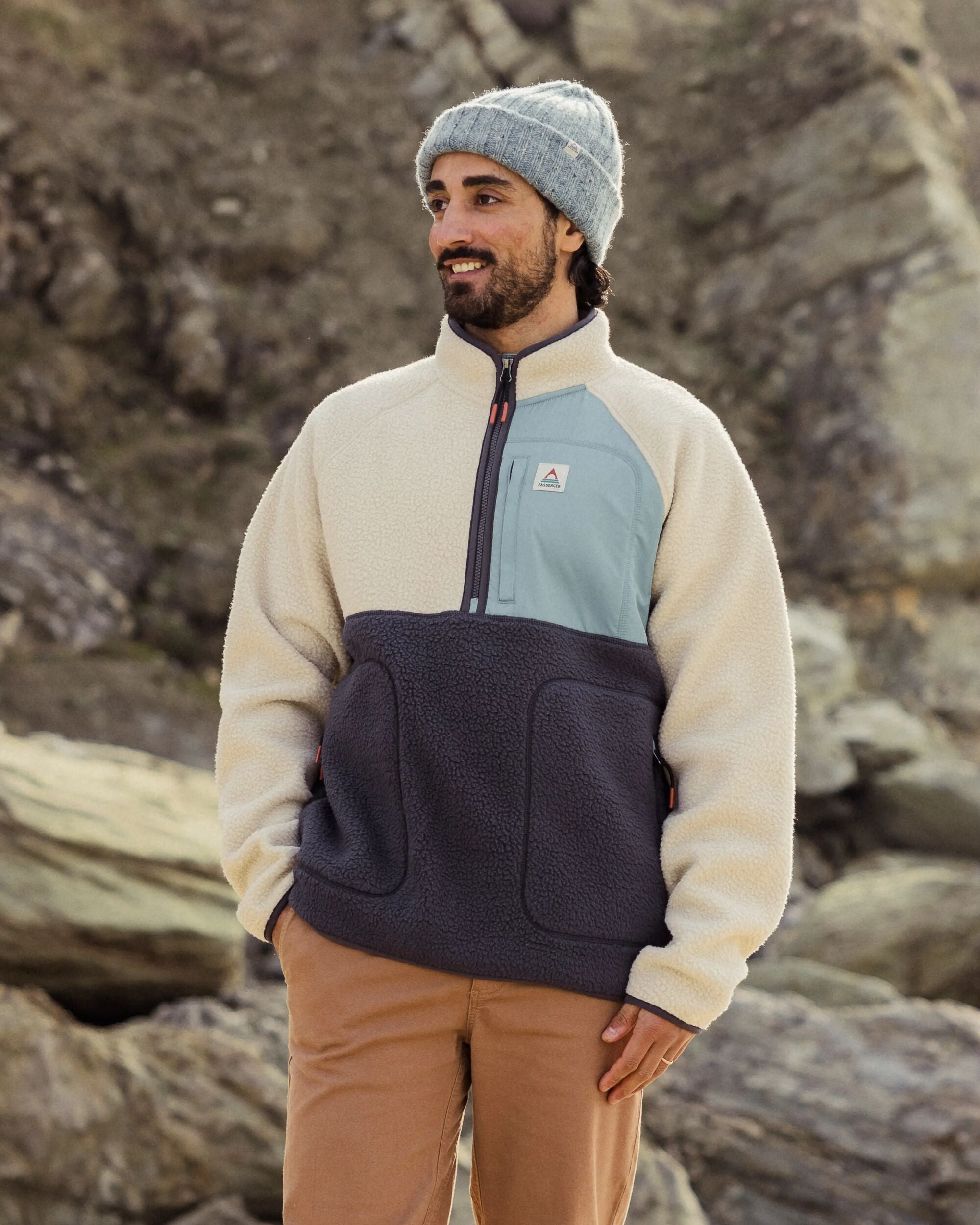 Offgrid 1/2 Zip Recycled Sherpa Fleece - Oatmeal/Charcoal - Lifestyle