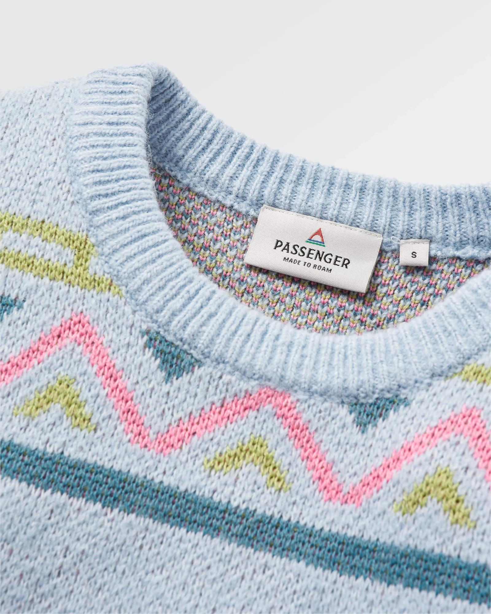 Whimsical Recycled Knitted Jumper - Homespun Stripe Blue Fog - Flatlay