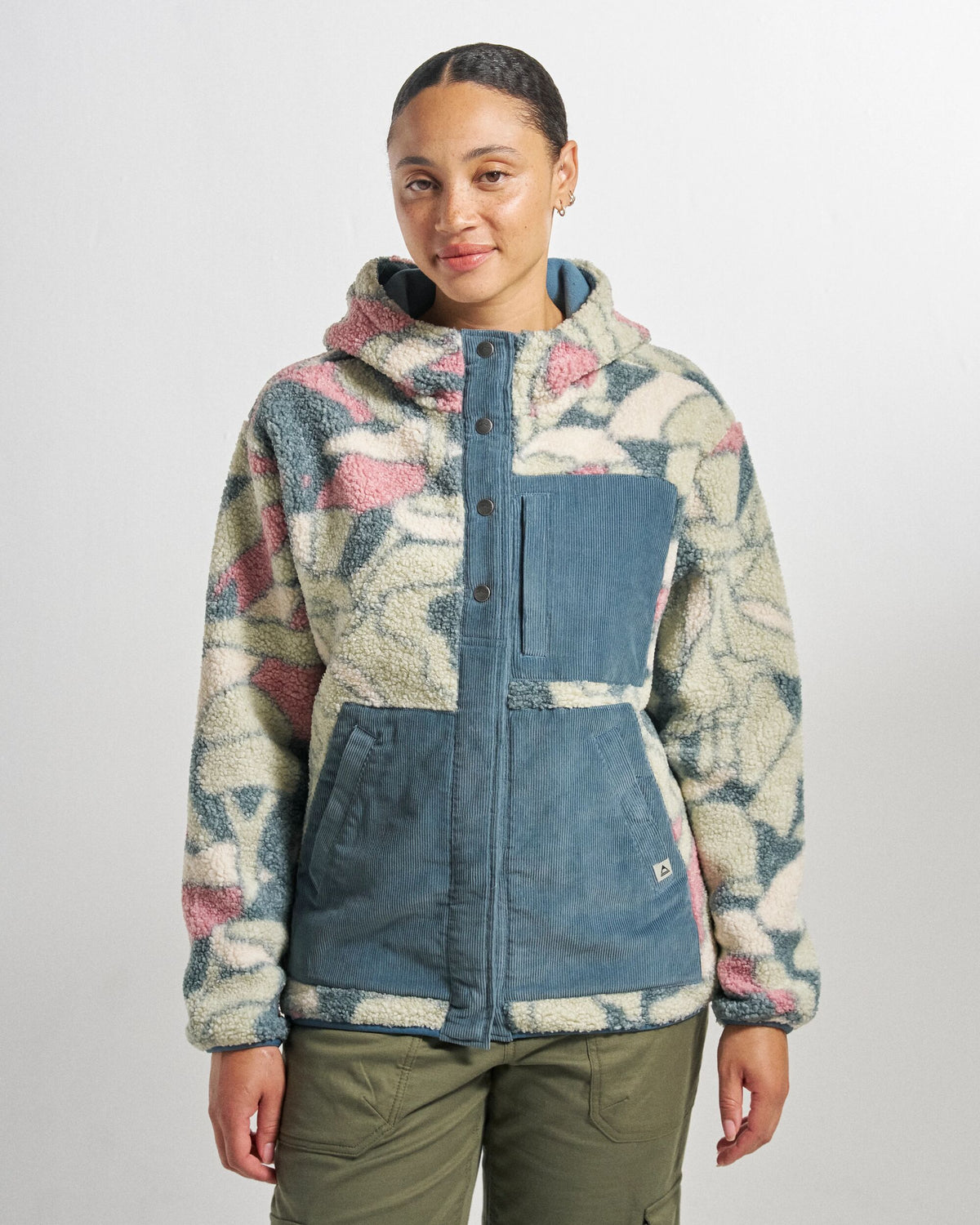 Clover Sherpa Fleece Hooded Jacket - Slower Rhythms Stormy Blue - Studio Model