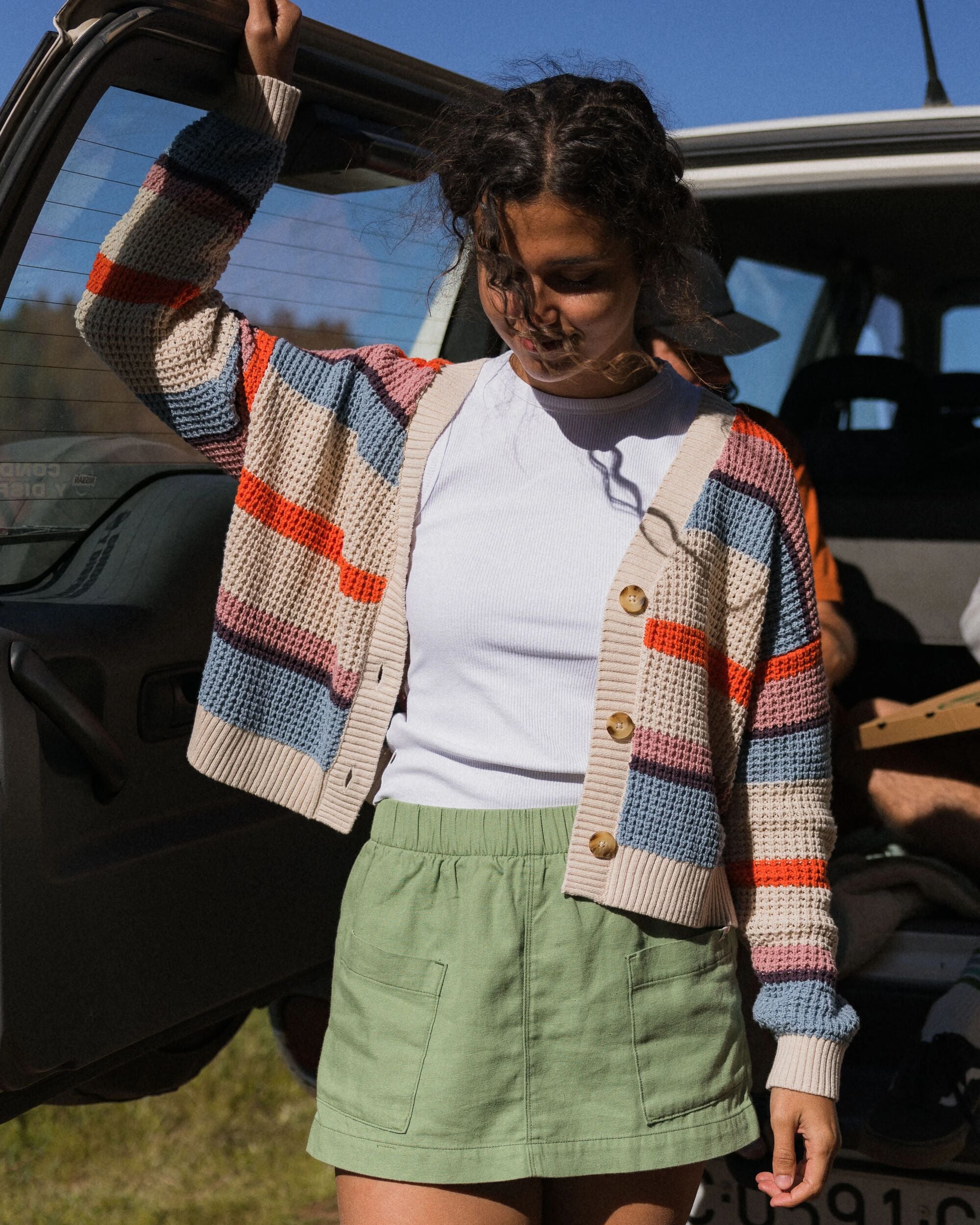 Reflection Open Knit Stripey Cardigan - Multi Vintage White Stripe - Lifestyle