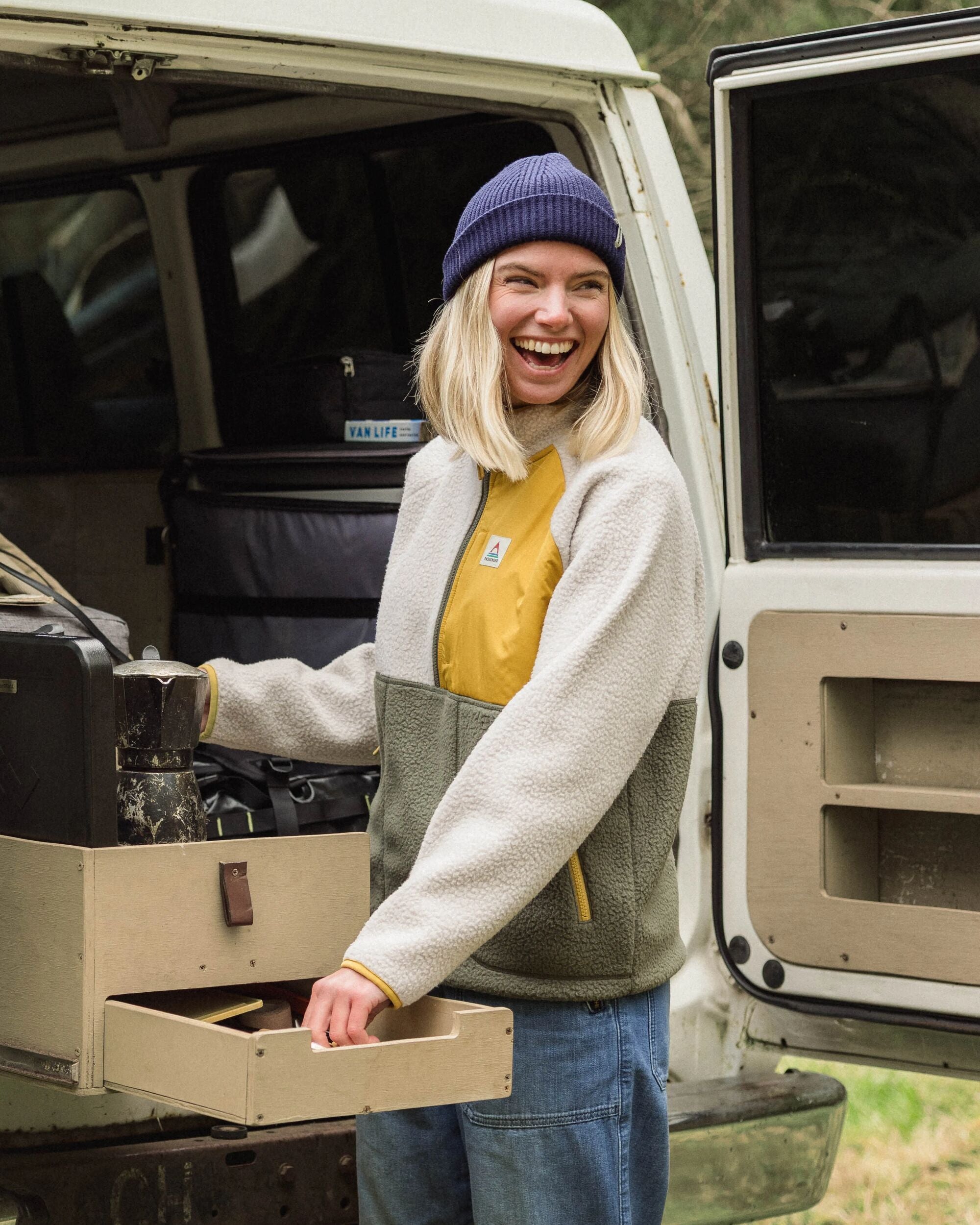 Home Recycled Sherpa Fleece - Vintage White/Dusty Olive - Lifestyle