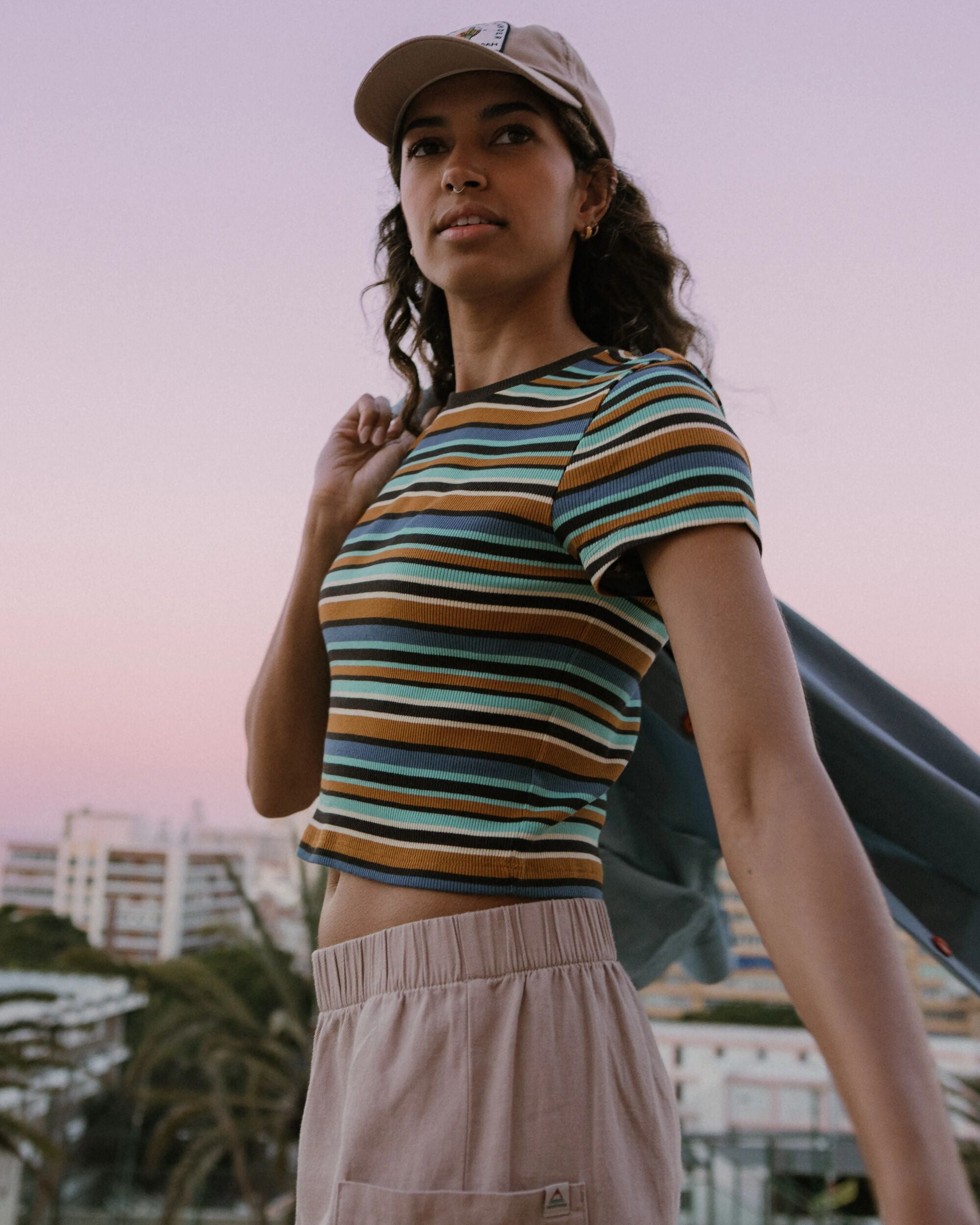 Out There Ribbed Cropped T-Shirt - Espresso Multi Stripe - Lifestyle