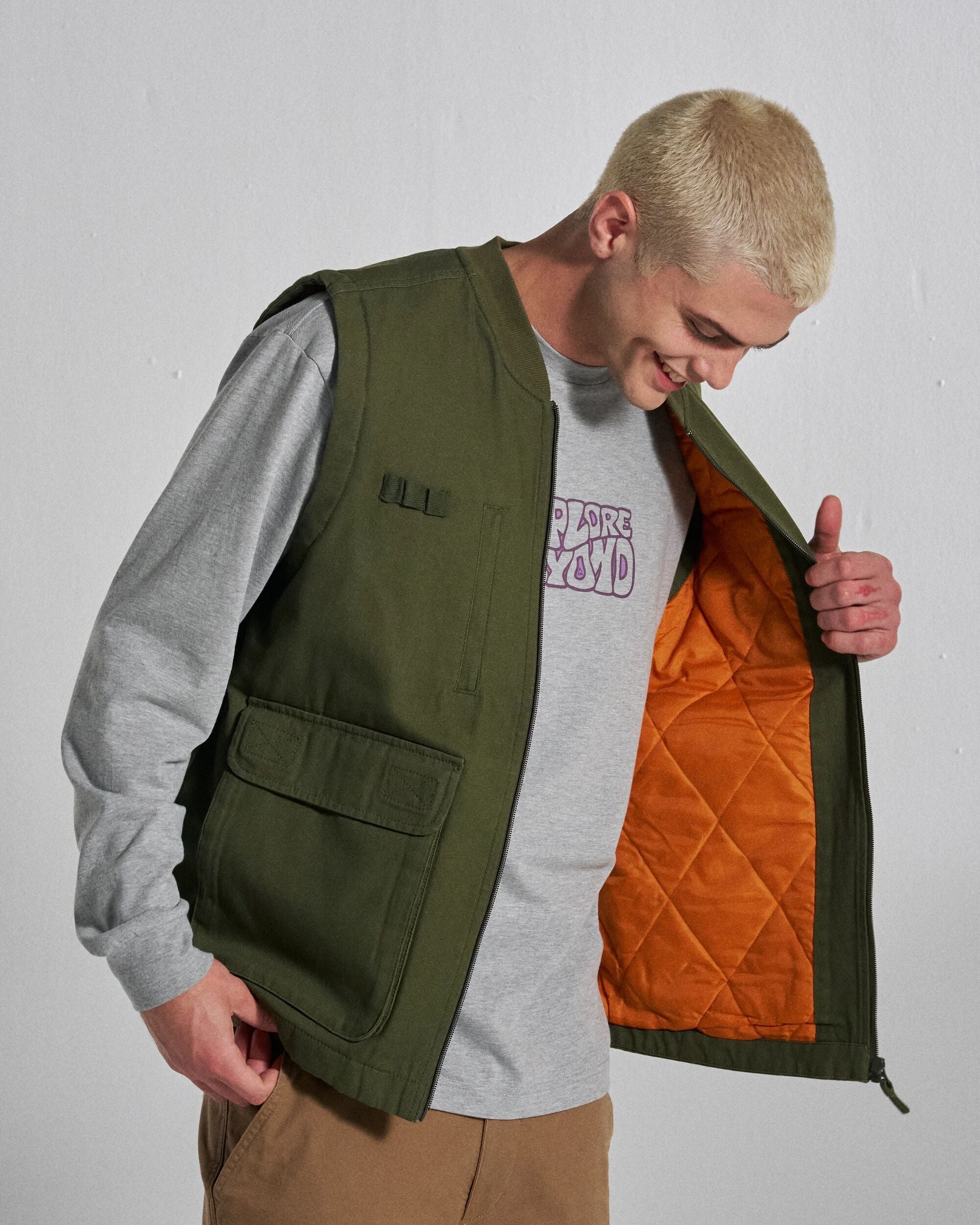 Explorers Organic Cotton Canvas Gilet - Khaki - Studio Model