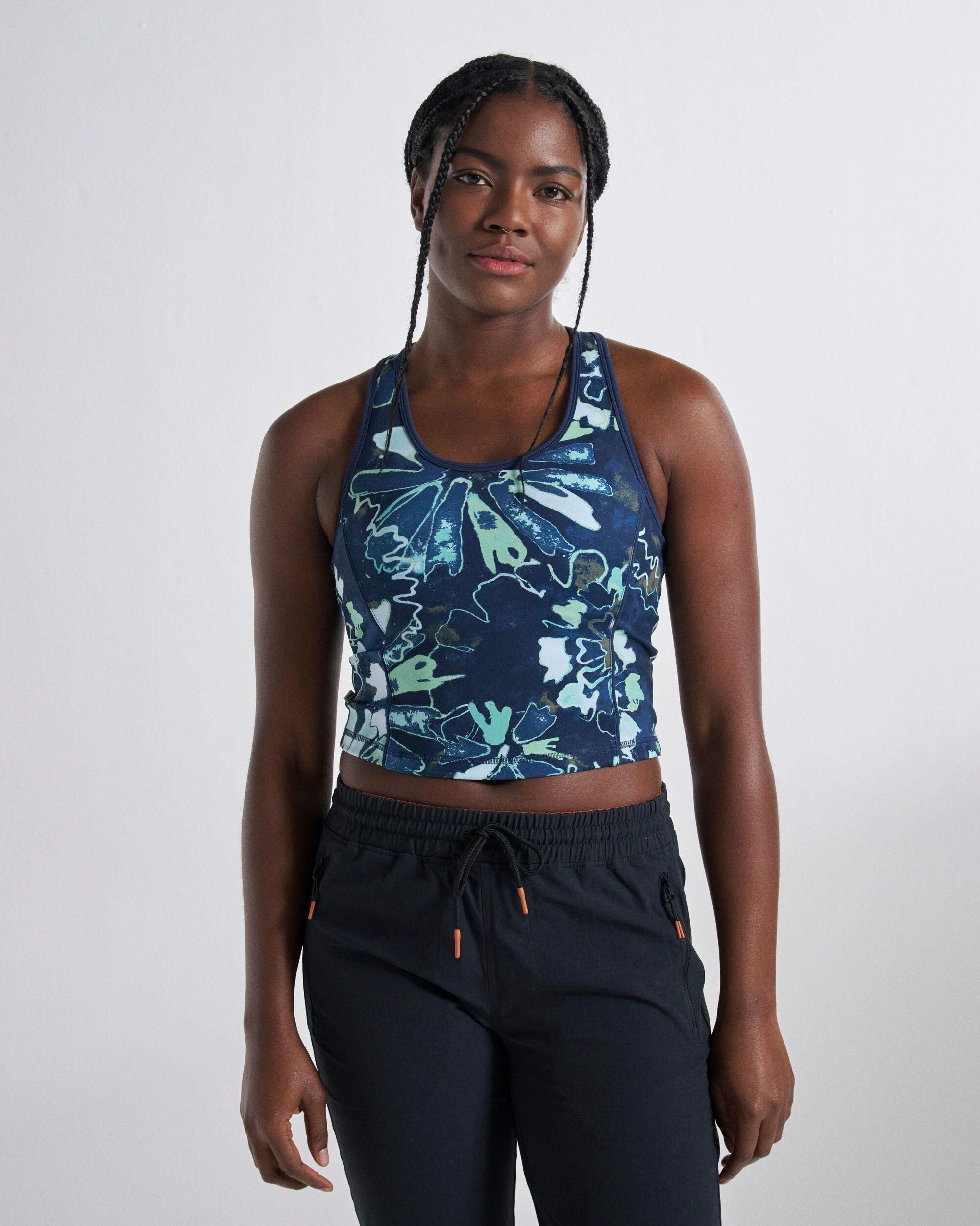 Mantra Recycled Active Crop Top - Frost Ice Blue - Studio Model
