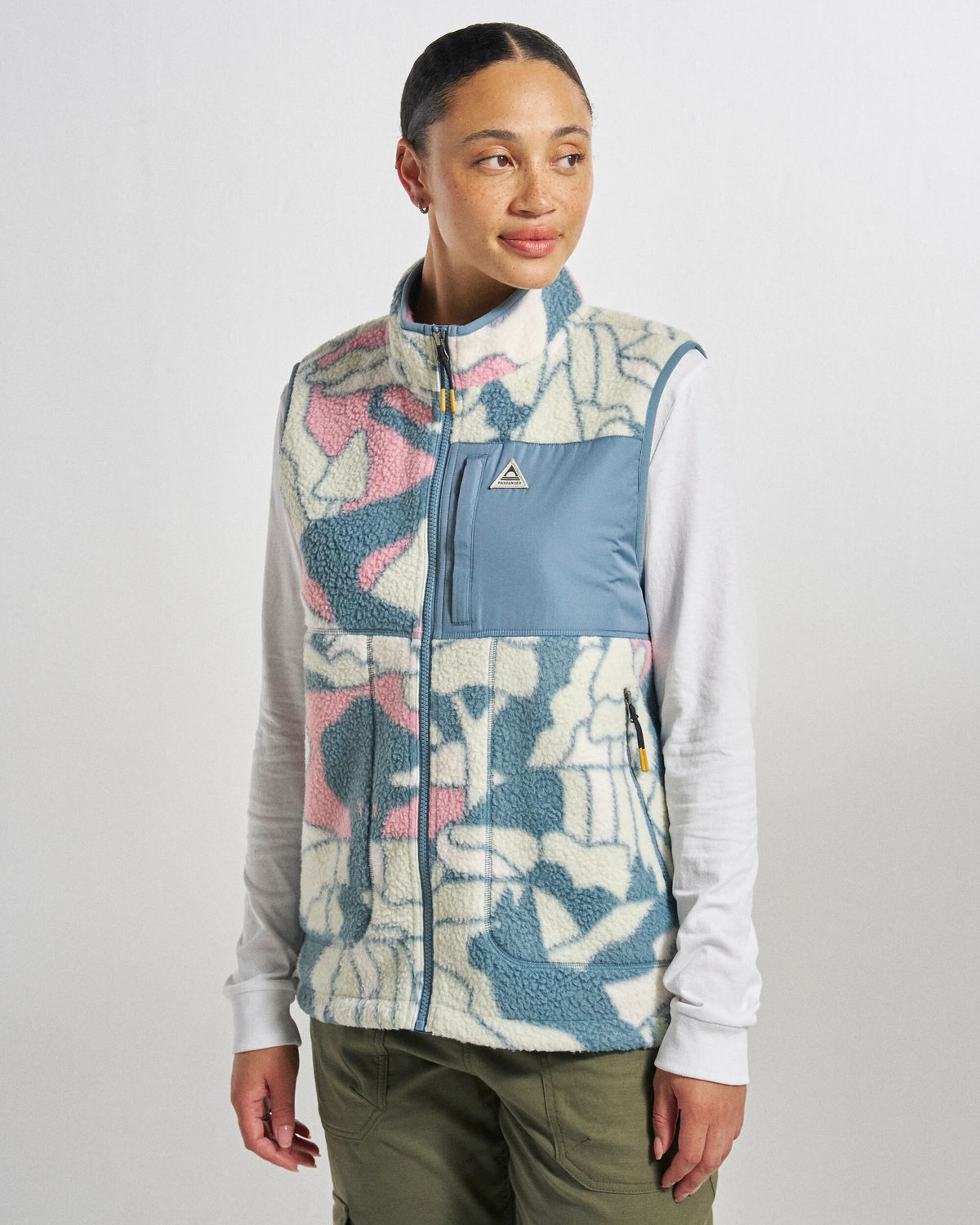 Home Full Zip Sherpa Gilet - Slower Rhythms Stormy Blue - Studio Model