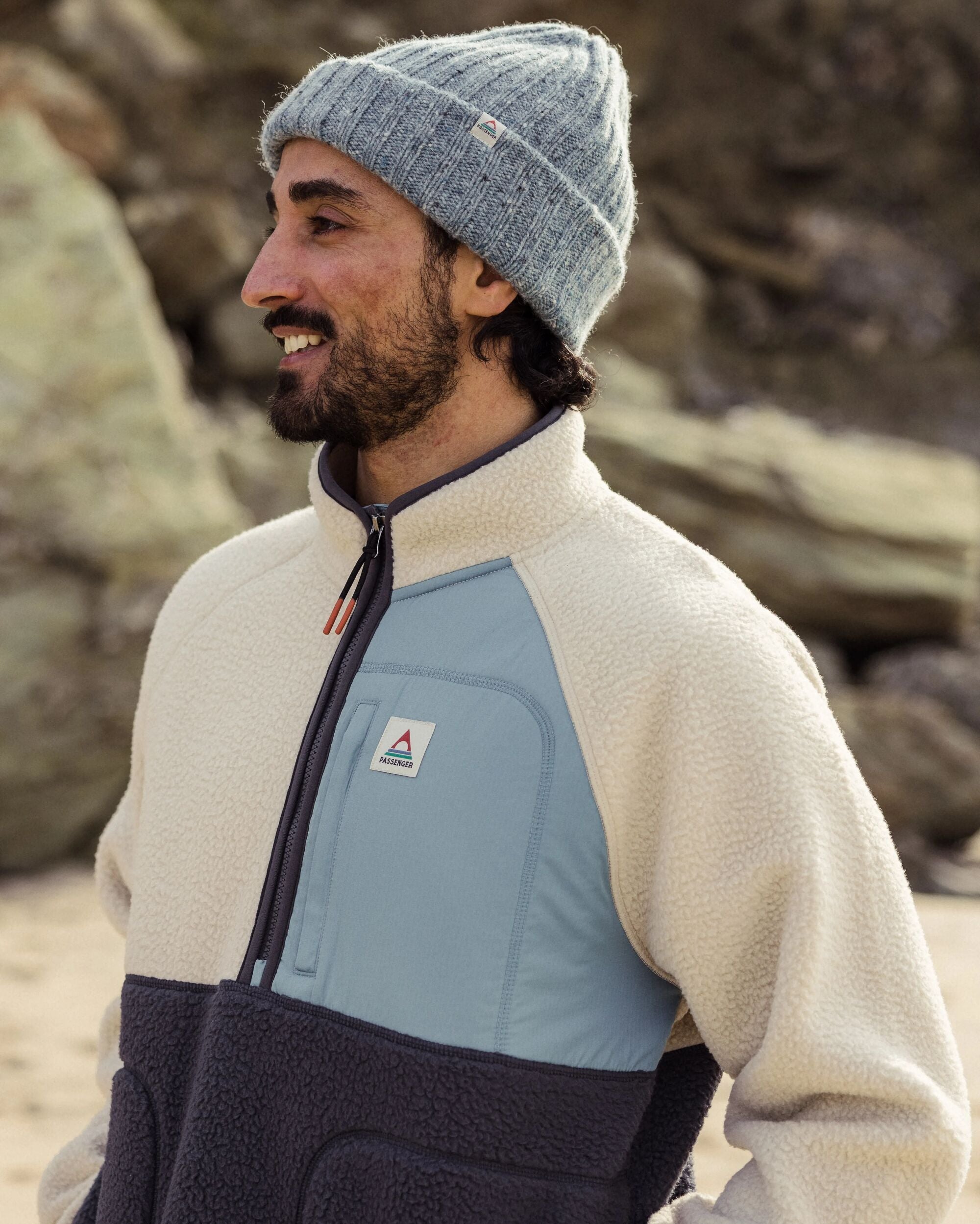 Offgrid 1/2 Zip Recycled Sherpa Fleece - Oatmeal/Charcoal - Lifestyle