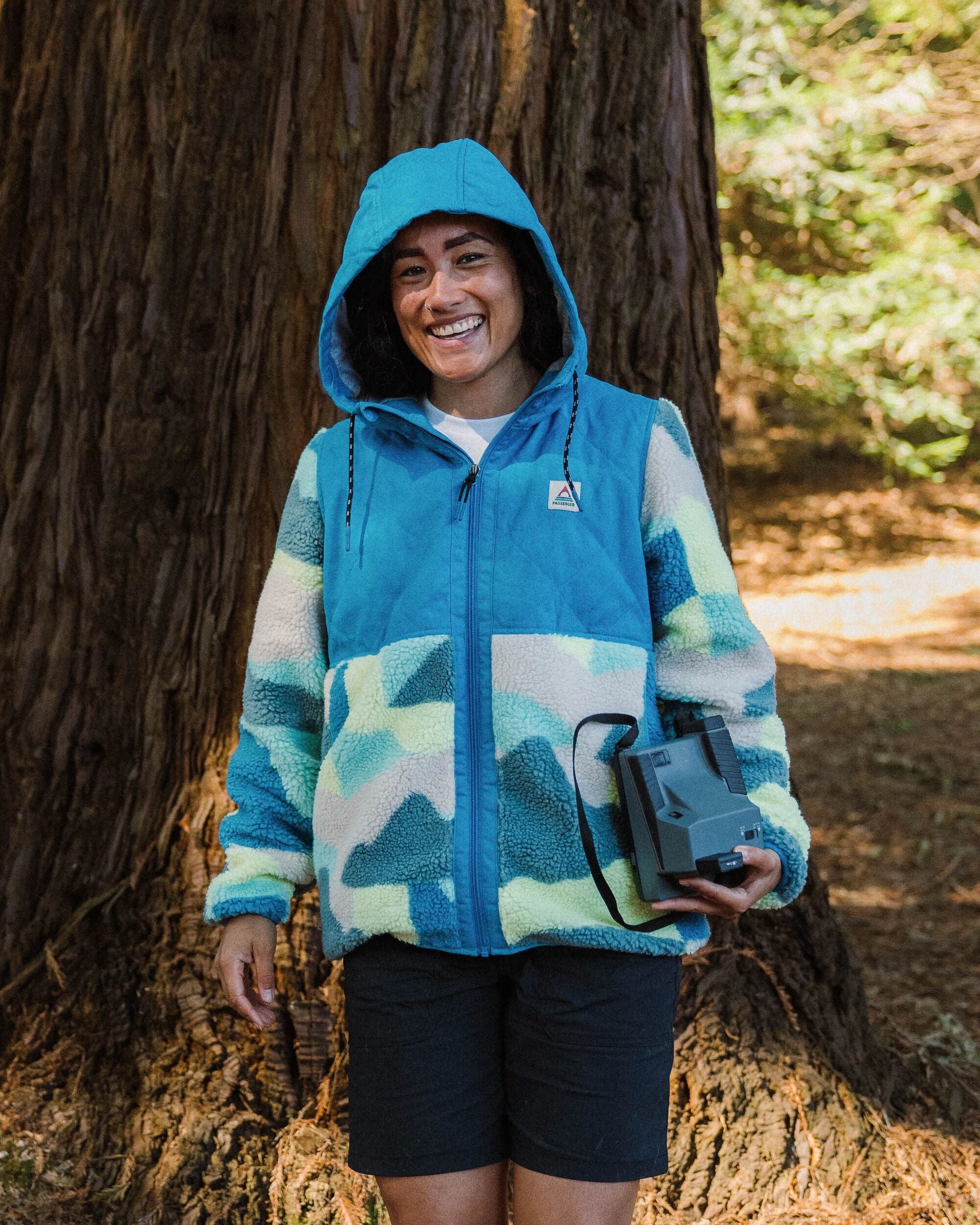 Sefton Recycled Deep-Pile Sherpa Full Zip Fleece - Vista Patchwork Aqua - Lifestyle