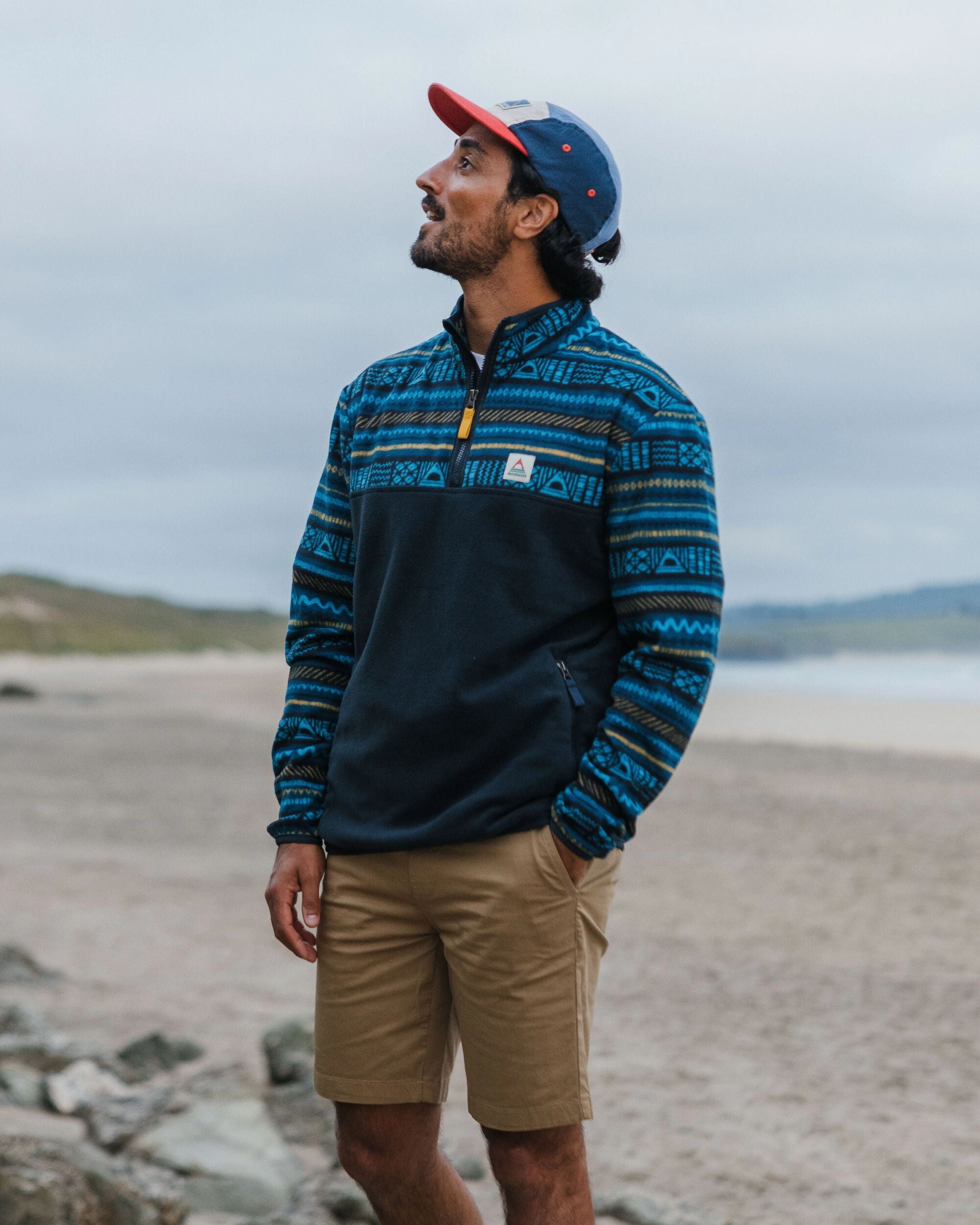 Set Off Recycled Polar 1/4 Zip Fleece - Patchwork Stripe Tidal Blue/ Deep Navy - Lifestyle