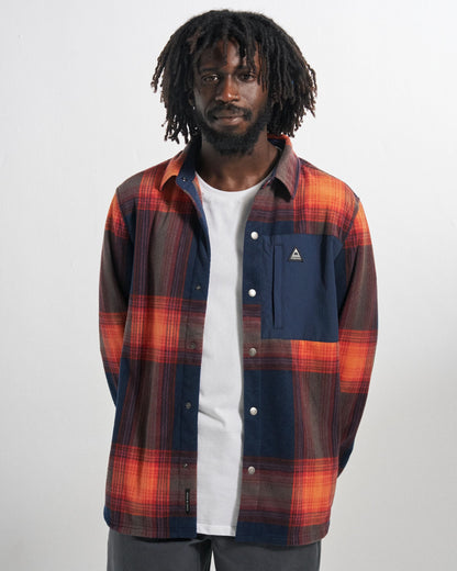 West Polar Fleece Shirt - Rich Navy/ Red Ochre Check - Studio Model