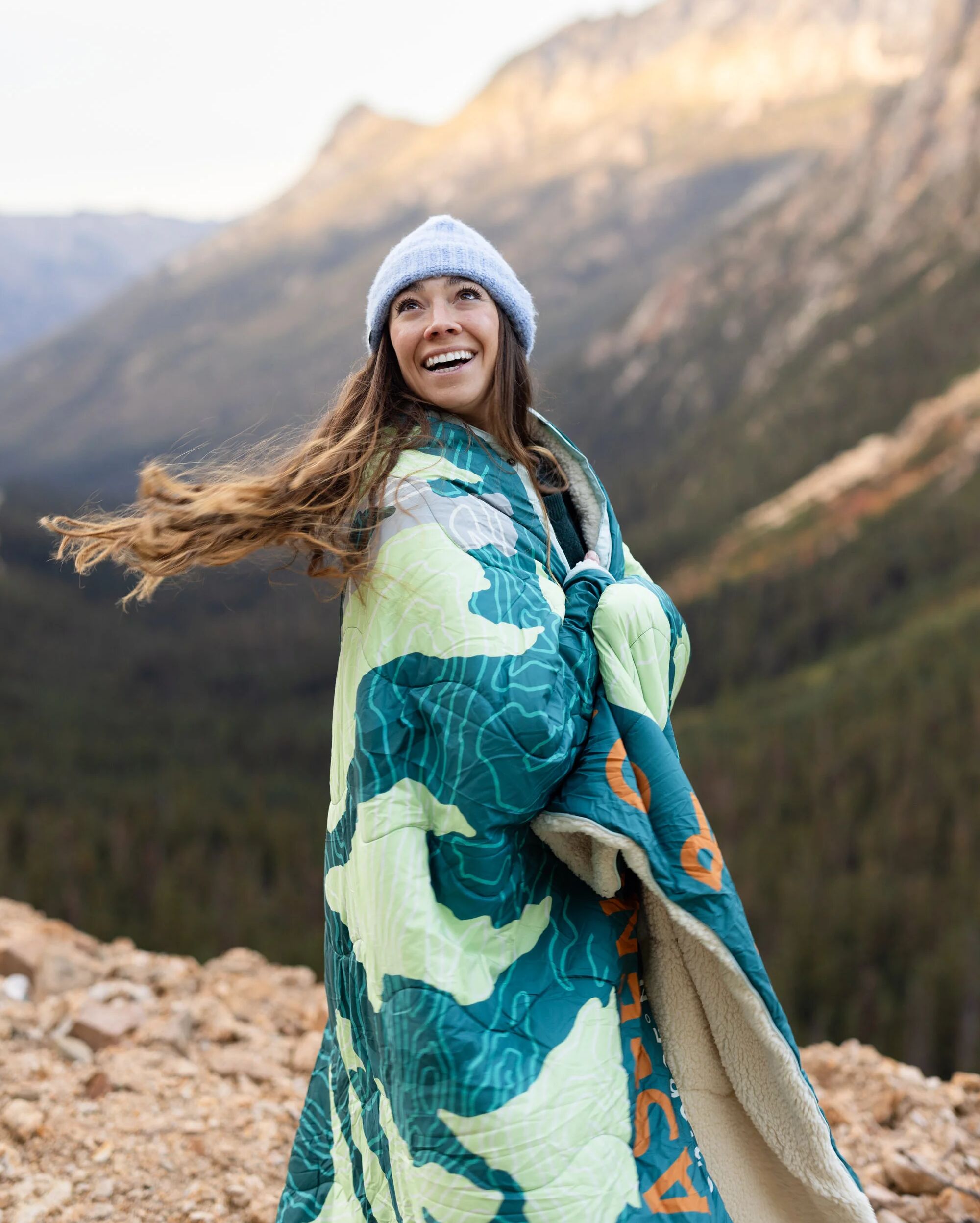 Cabin Recycled Sherpa Blanket - Abstract Mountain Green - Lifestyle - Female