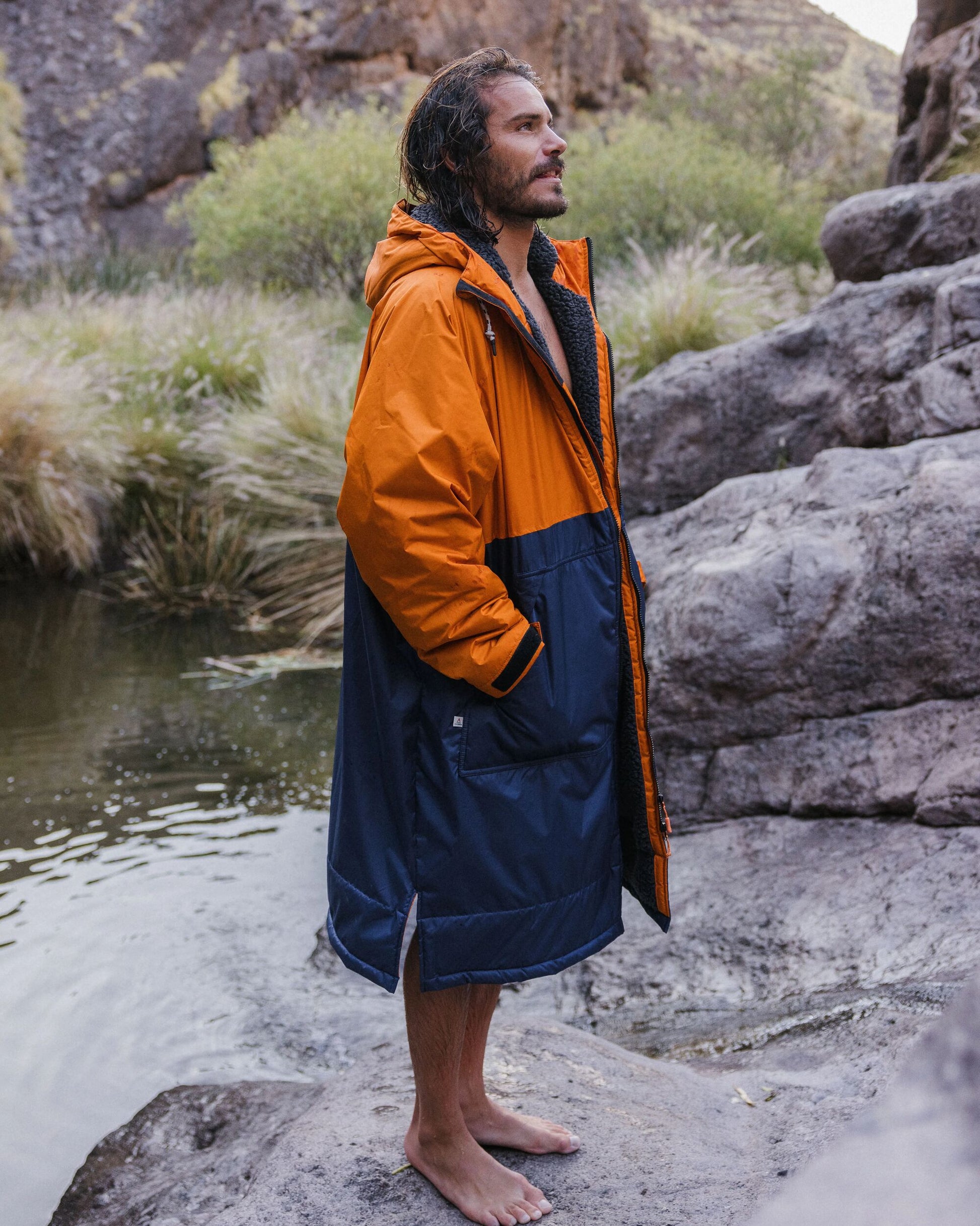 Waves Recycled Sherpa Lined Changing Robe - Sunrise Orange/Rich Navy - Lifestyle