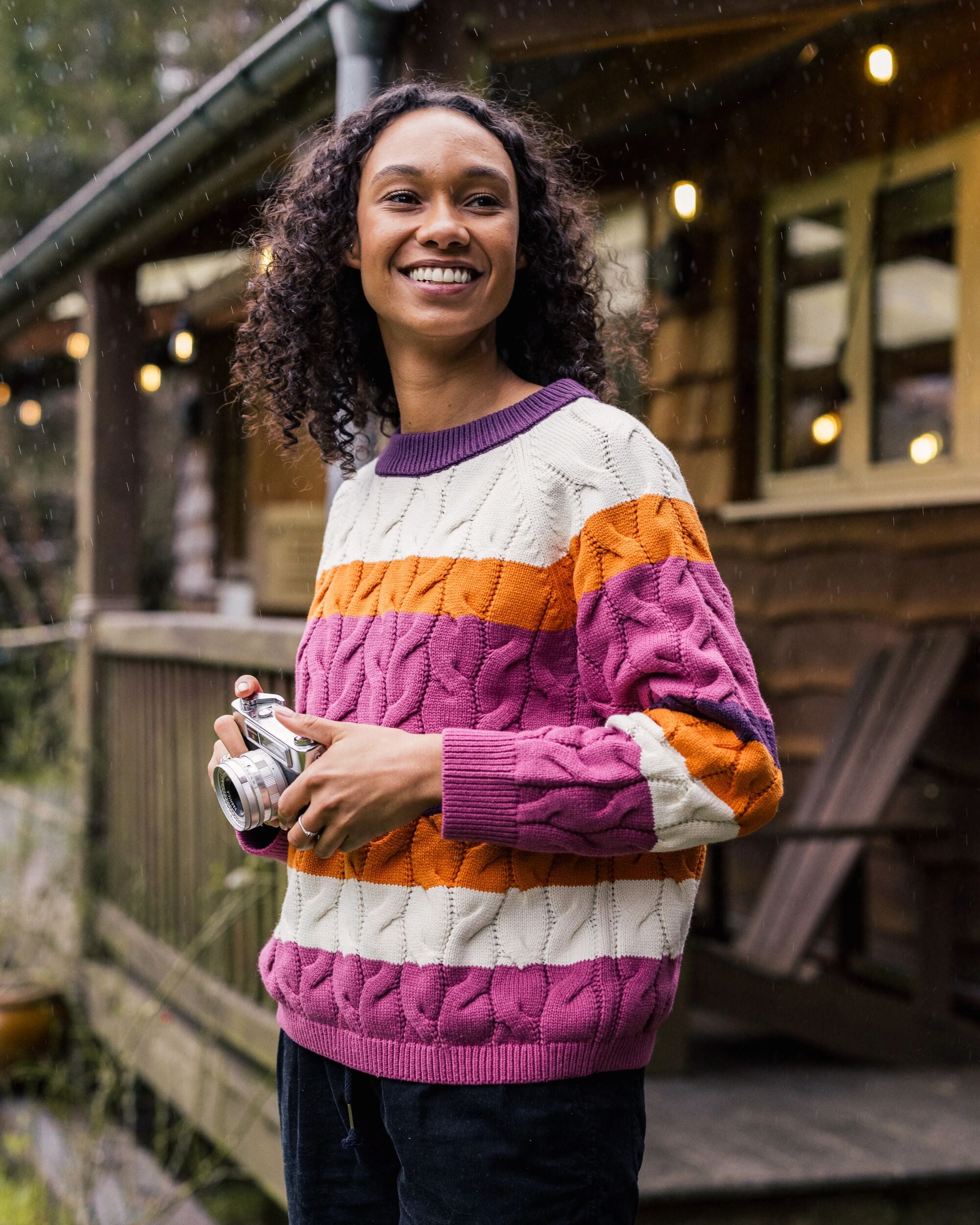 Comfort Organic Cotton Knitted Jumper - Rhubarb Multi Stripe - Lifestyle