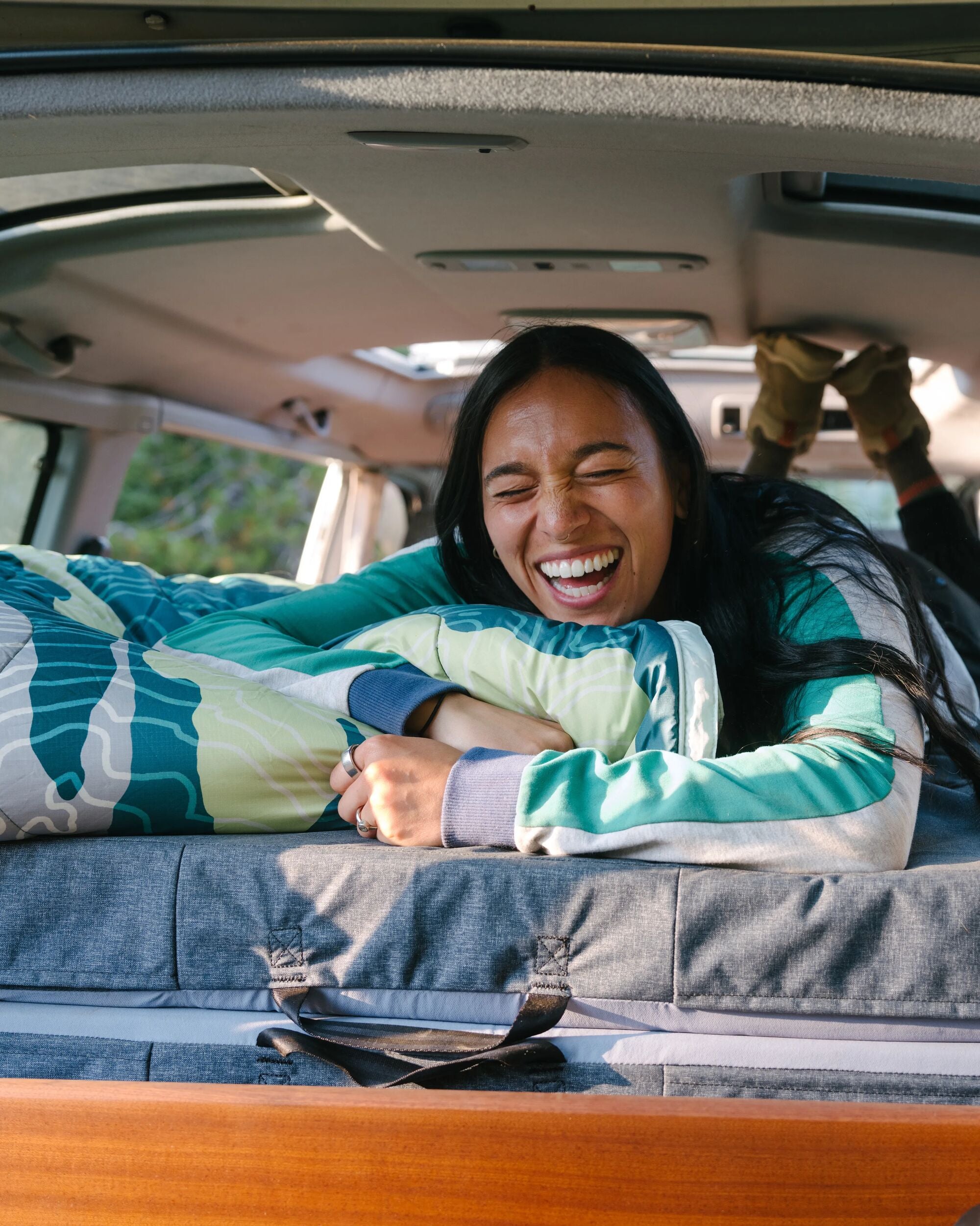 Cabin Recycled Sherpa Blanket - Abstract Mountain Green - Lifestyle - Female