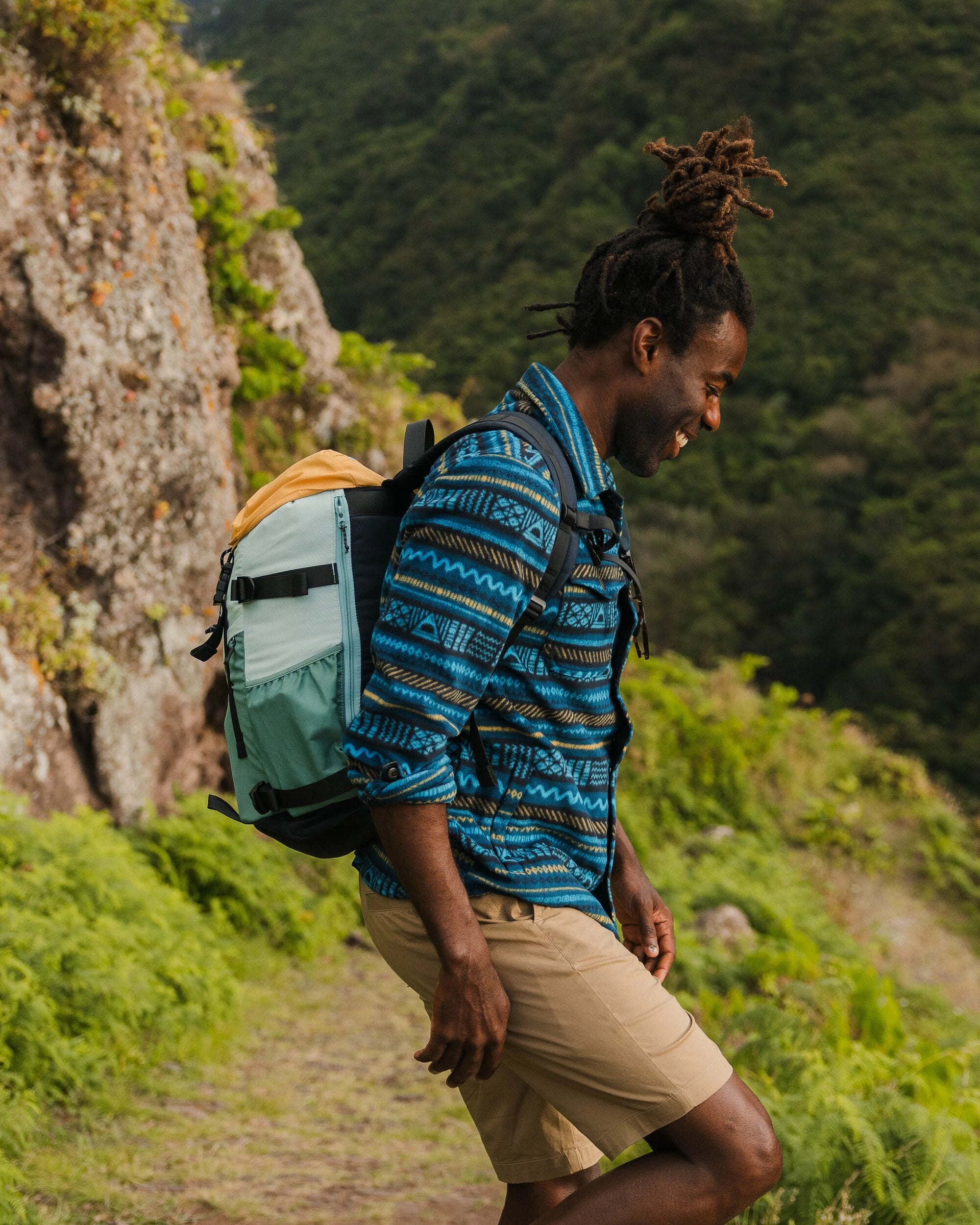 Maple Polar Recycled Fleece Shirt - Patchwork Stripe Tidal Blue - Lifestyle